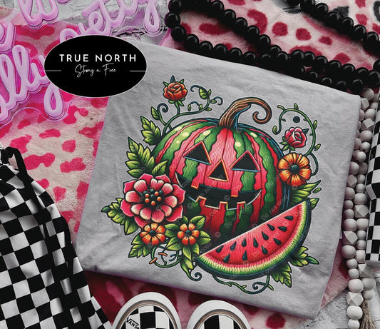 Country Watermelon Pumpkin Tattoo Style T-Shirt or Sweatshirt Funky and Fun Design