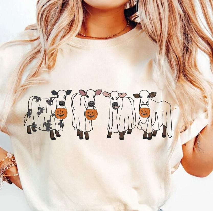 DTF Transfer Fall Halloween Cows As Ghosts
