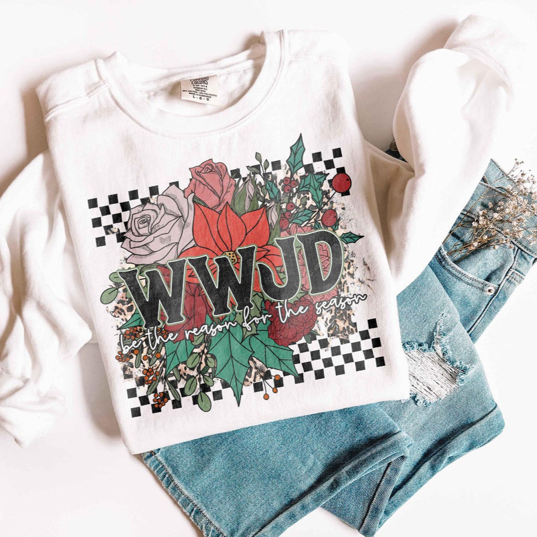DTF Transfer Valentines - WWJD Floral Faith Christian Checkered Design