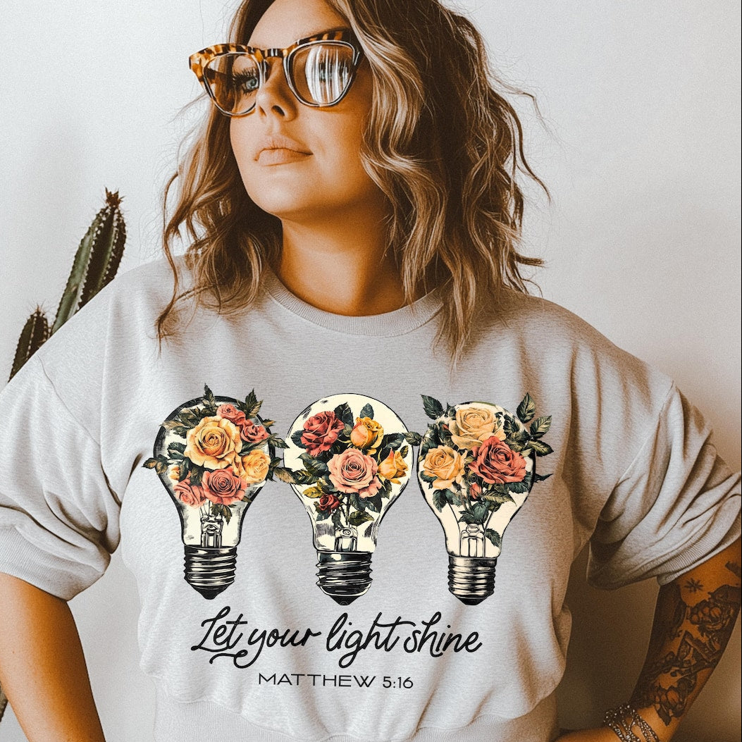 DTF Transfer Let Your Light Shine – Floral Light Bulbs with Matthew 5:16 Bible Verse
