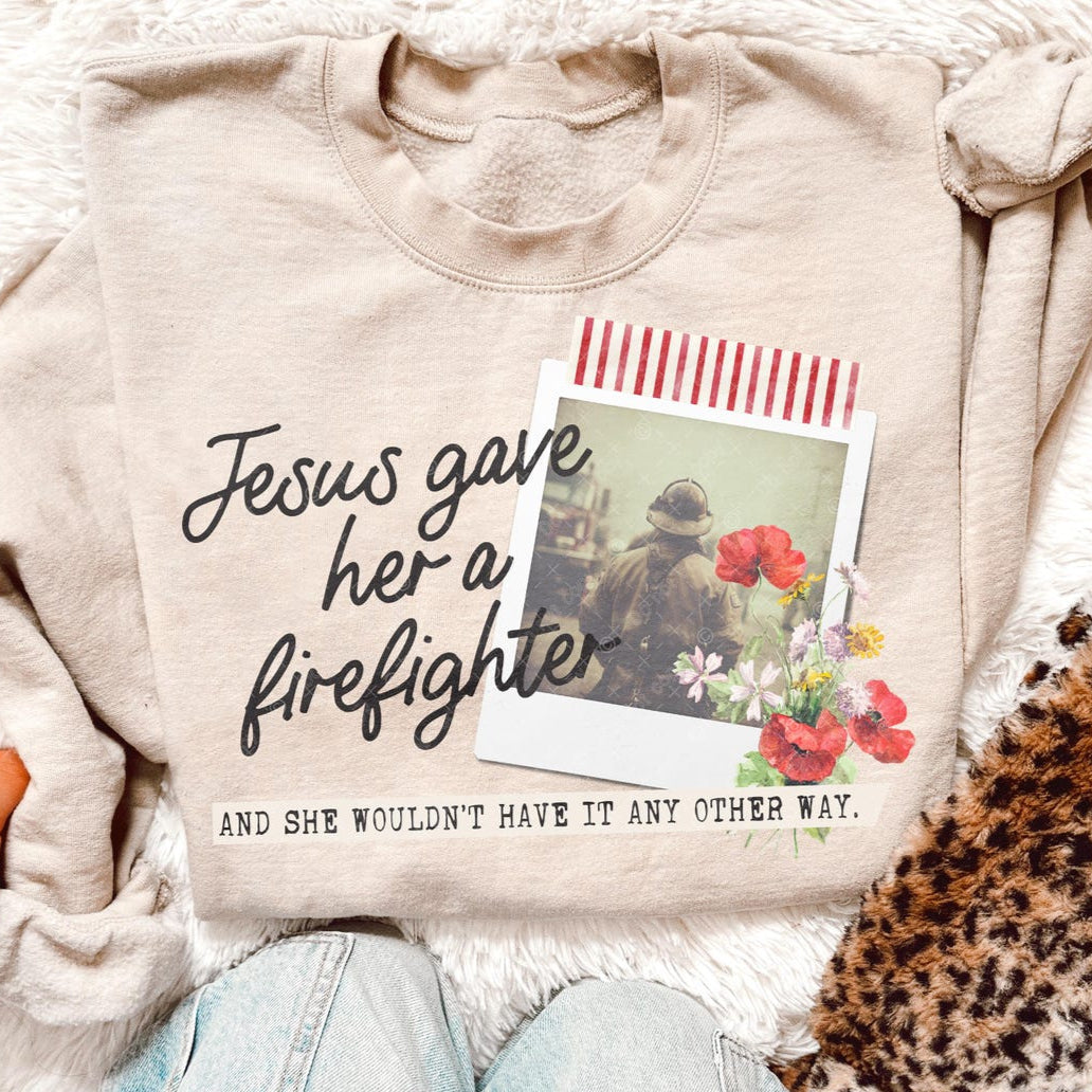 DTF Transfer – Jesus Gave Her a Firefighter with Floral Polaroid Design