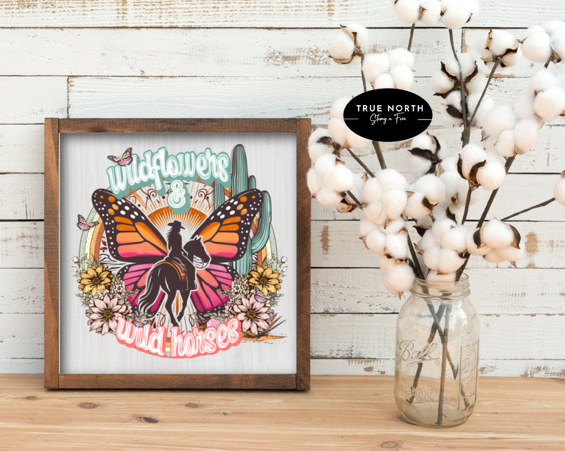 Rustic Wild Flower Horse Wooden Framed Sign - 13" or 7" - Handcrafted Dcor