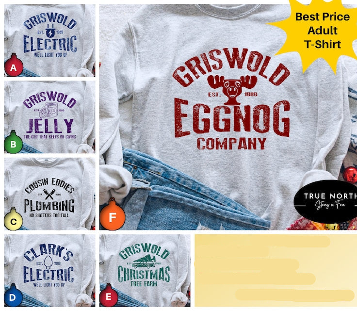 Collage of 'Griswold' themed t-shirts and sweatshirts with promotional text.