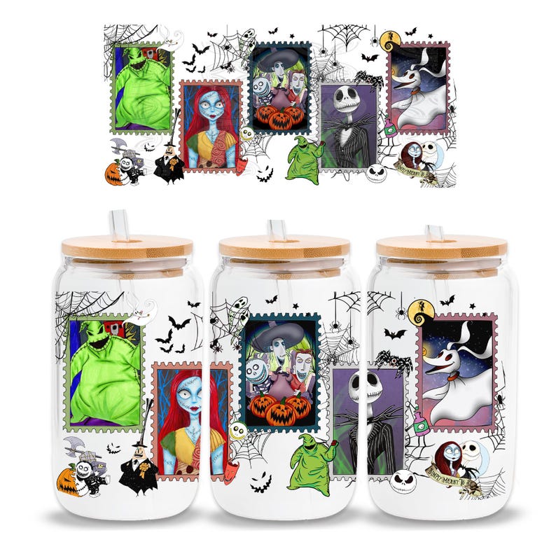 Three decorative jars with cartoon characters on a white background