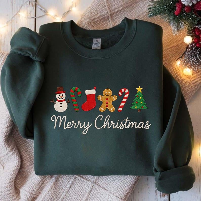 Embroidered Merry Christmas Icons Sweatshirt – Snowman, Stocking, Candy Cane, Gingerbread & Tree