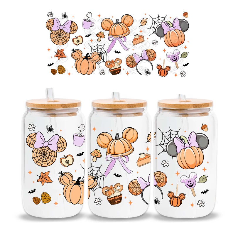 UV-DTF Cup Wrap Stickers | Halloween Mickeyy & Minniee Pumpkins with Bows | Spooky Cute Fall Cup Decor