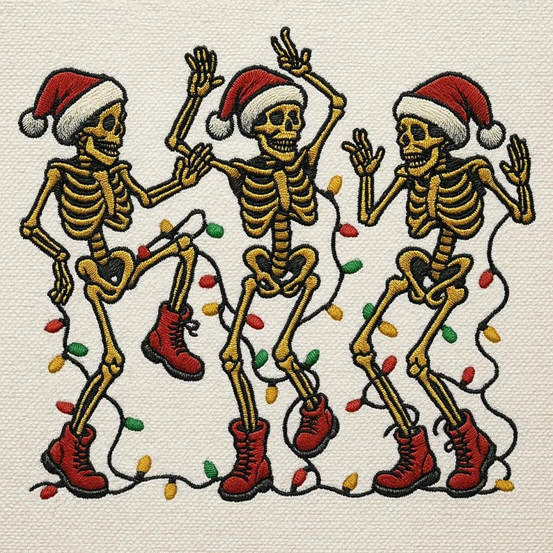 Skeletons Santa Hats Festive Embroidered Crewneck