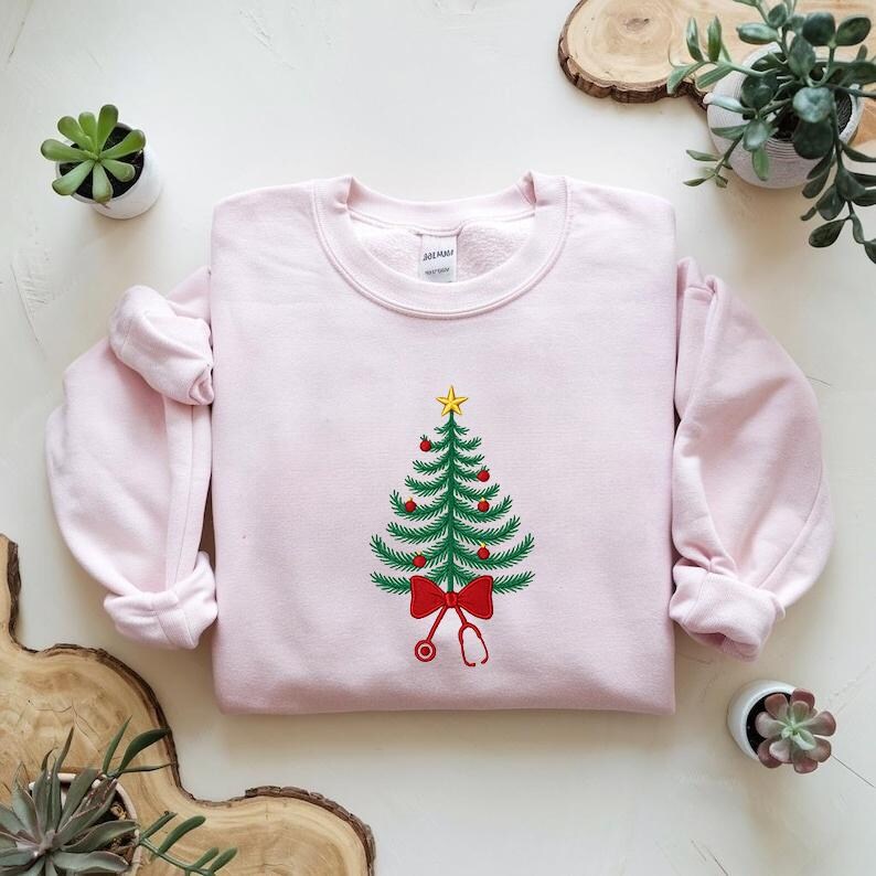 Embroidered Festive Christmas Nurse Tree & Bow