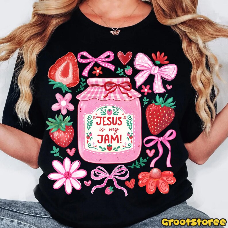 Jesus Is My Jam colourful faith DTF transfer shown on a black shirt
