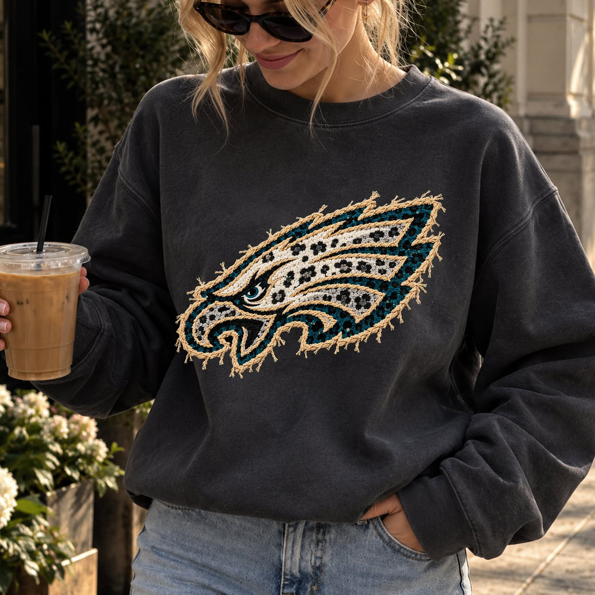 Design 32 – Eagles leopard faux chenille look DTF transfer; garment shown for display only