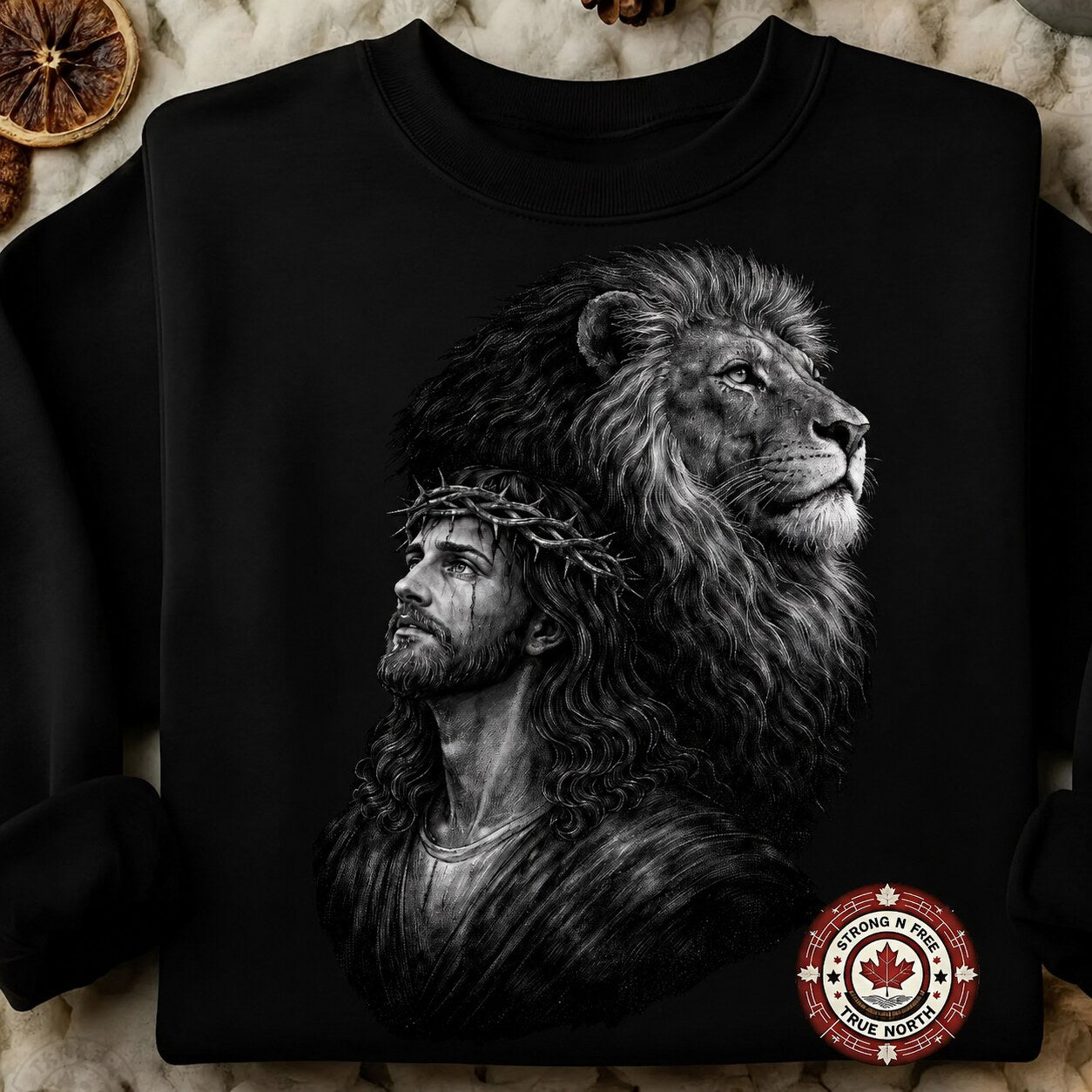 Lion of Judah and Jesus DTF transfer on a black sweatshirt