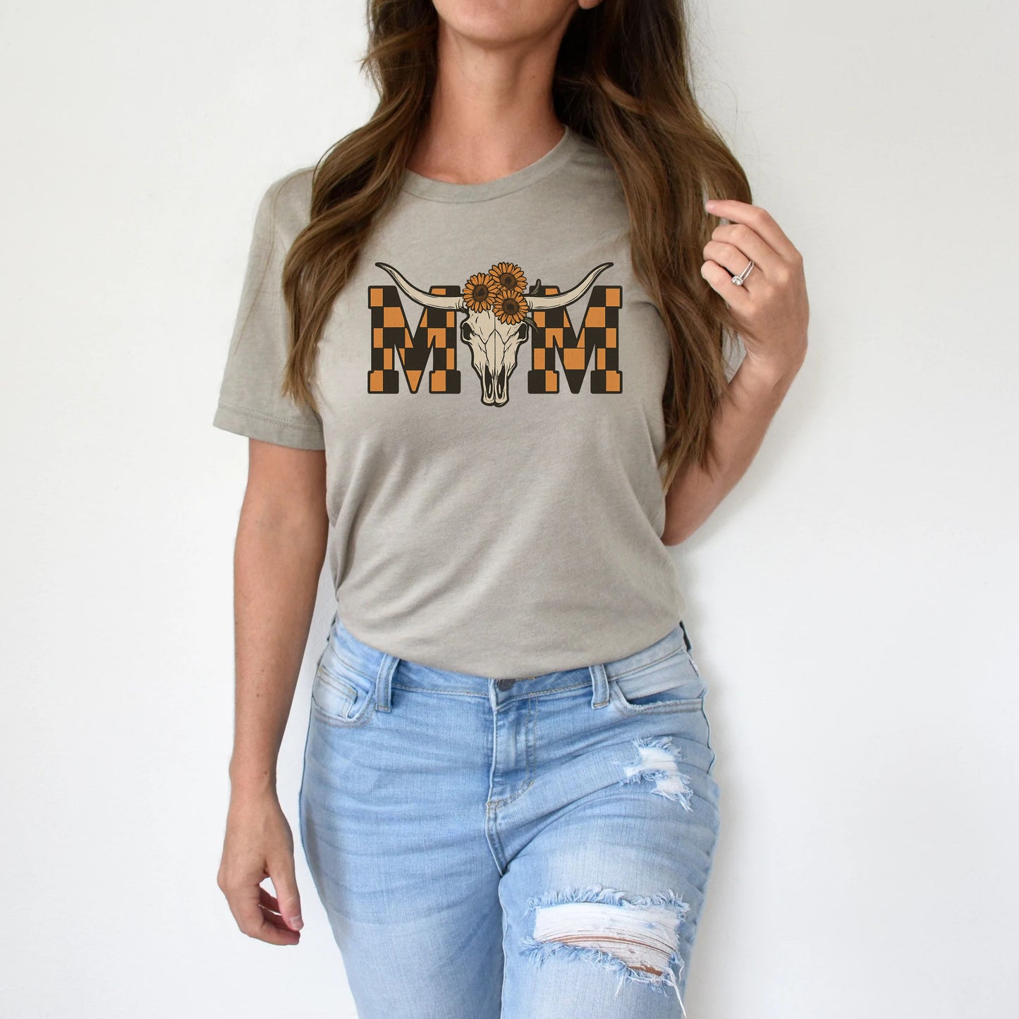 DTF Transfer Western Mom – Cow Skull with Sunflowers & Checkerboard Letters