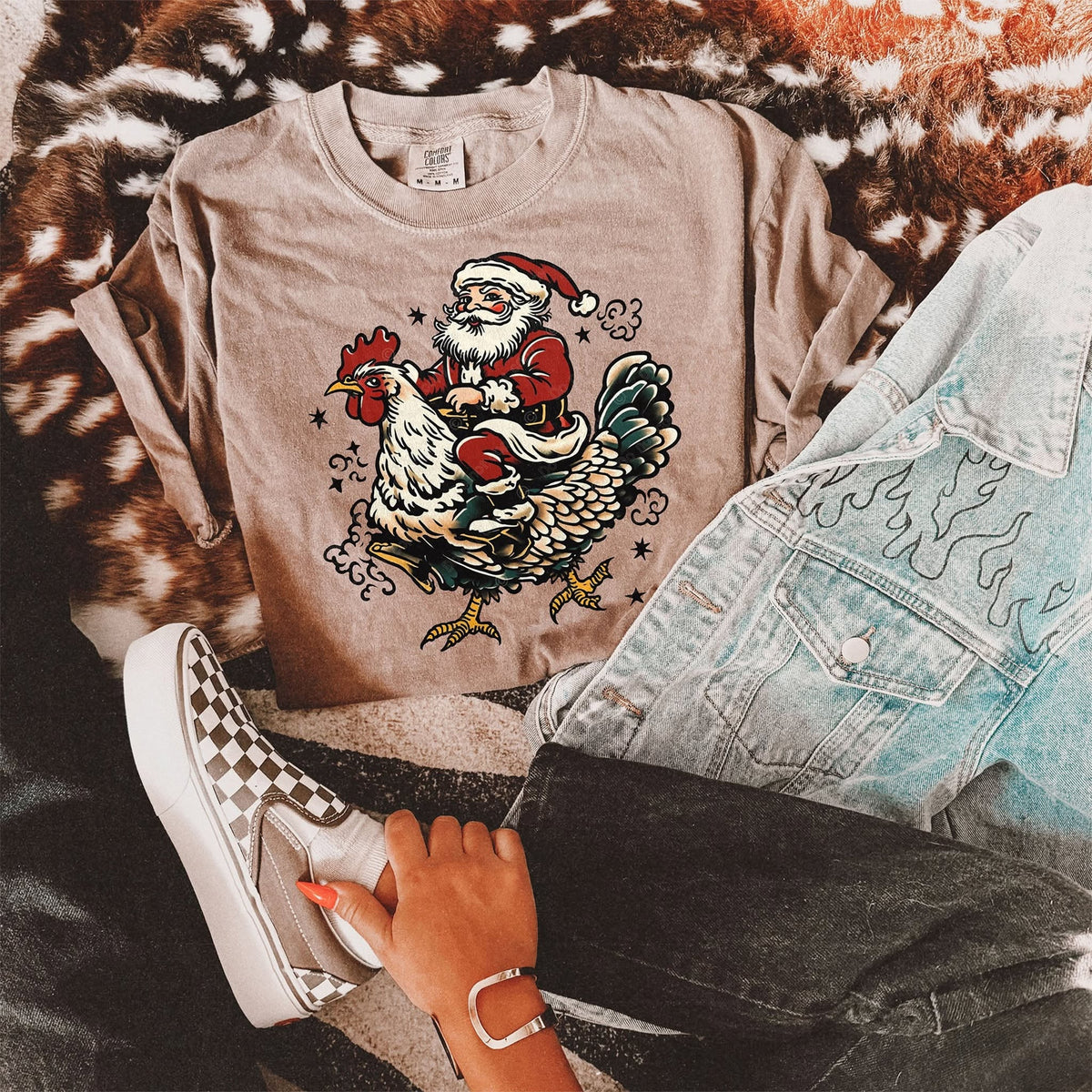 Santa Riding a Chicken – Vintage Christmas DTF transfer mockup; garment not included