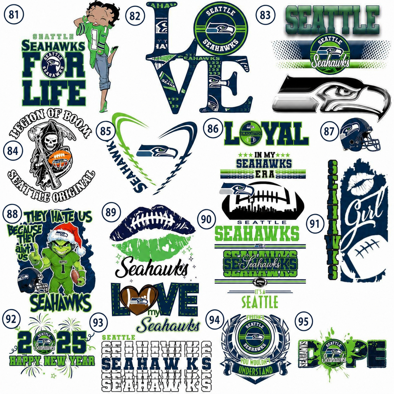 Seattle football DTF transfer design choices 81 through 95