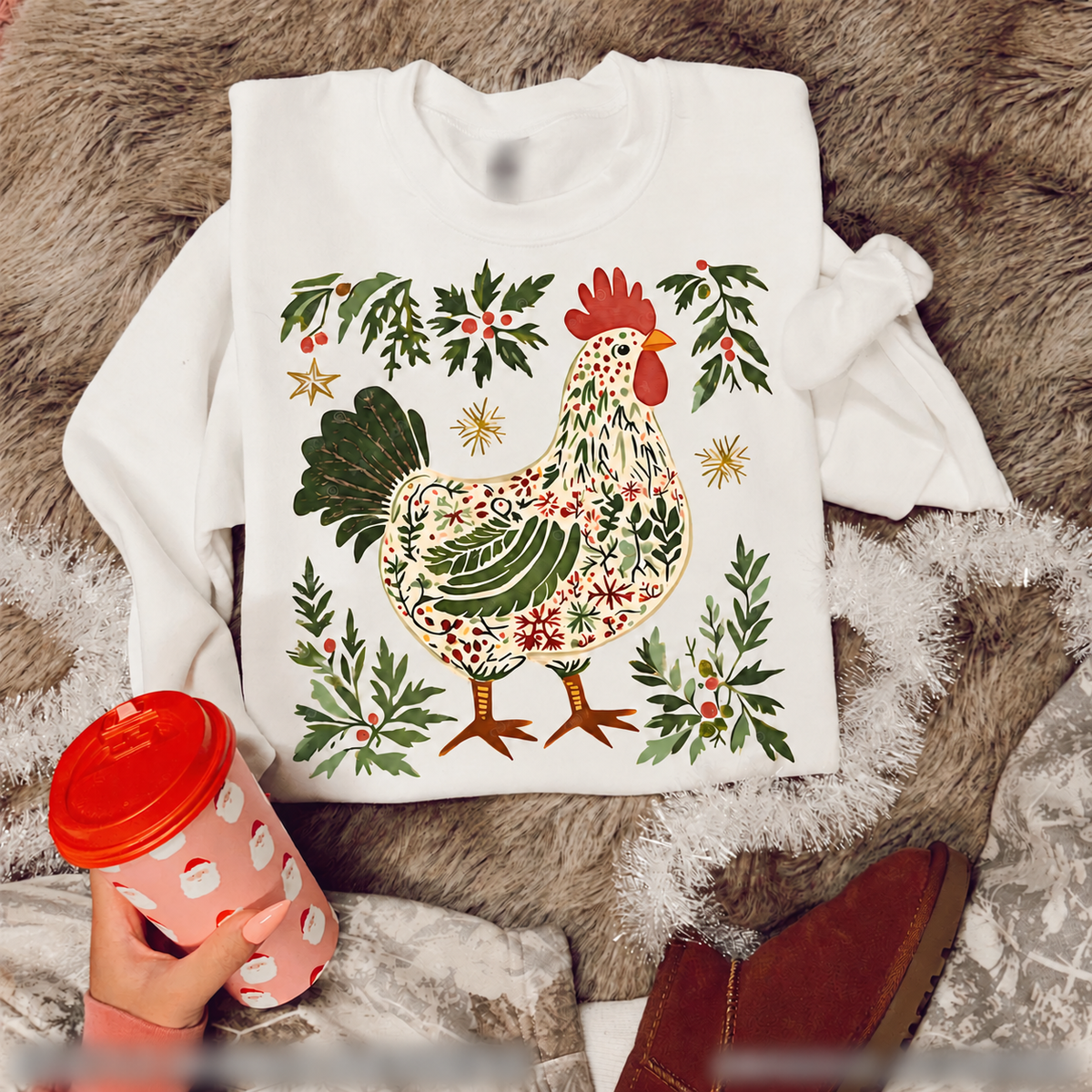 Festive Folk-Art Chicken printed garment design preview