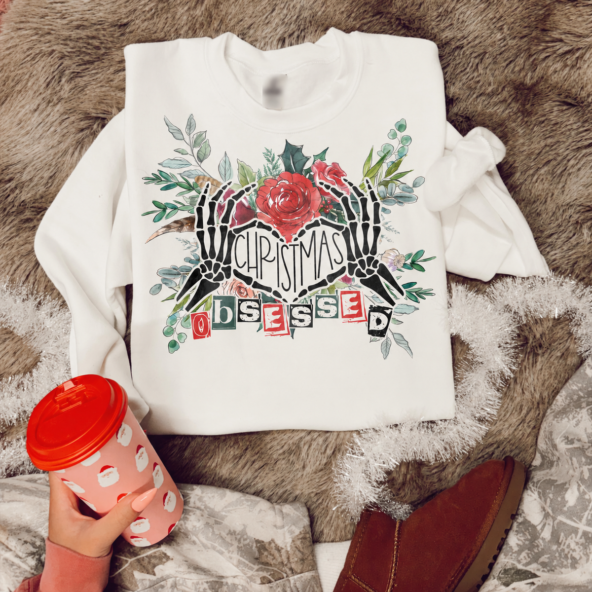 Christmas Obsessed – Skeleton Heart and Roses printed garment design preview