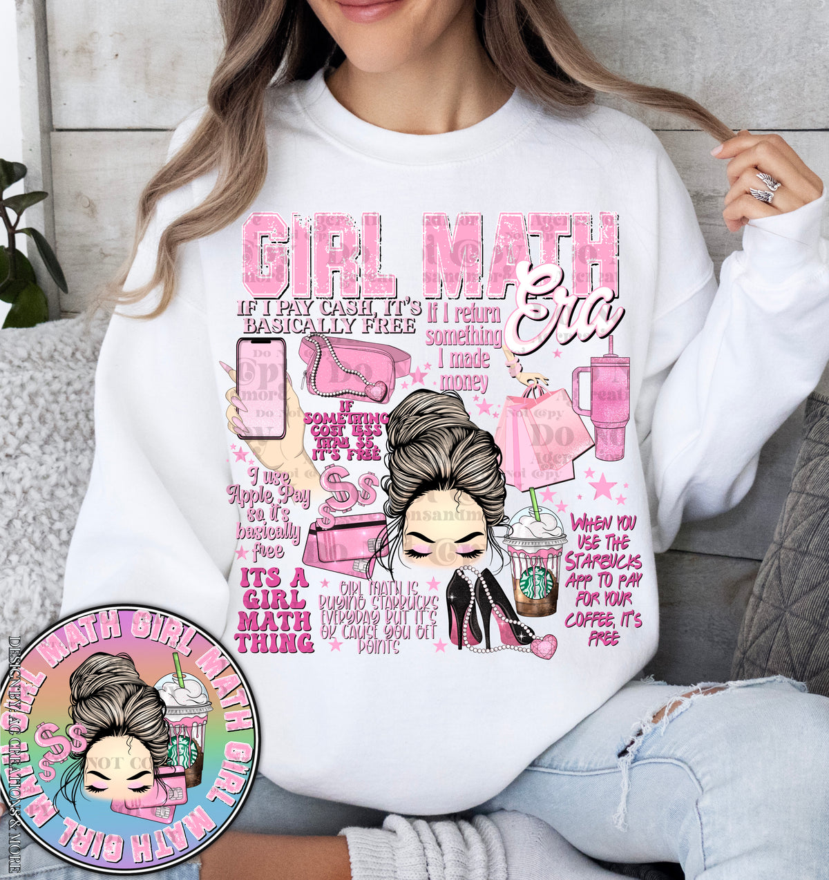 Girl Math – Pink Shopping Collage DTF transfer shown on a garment