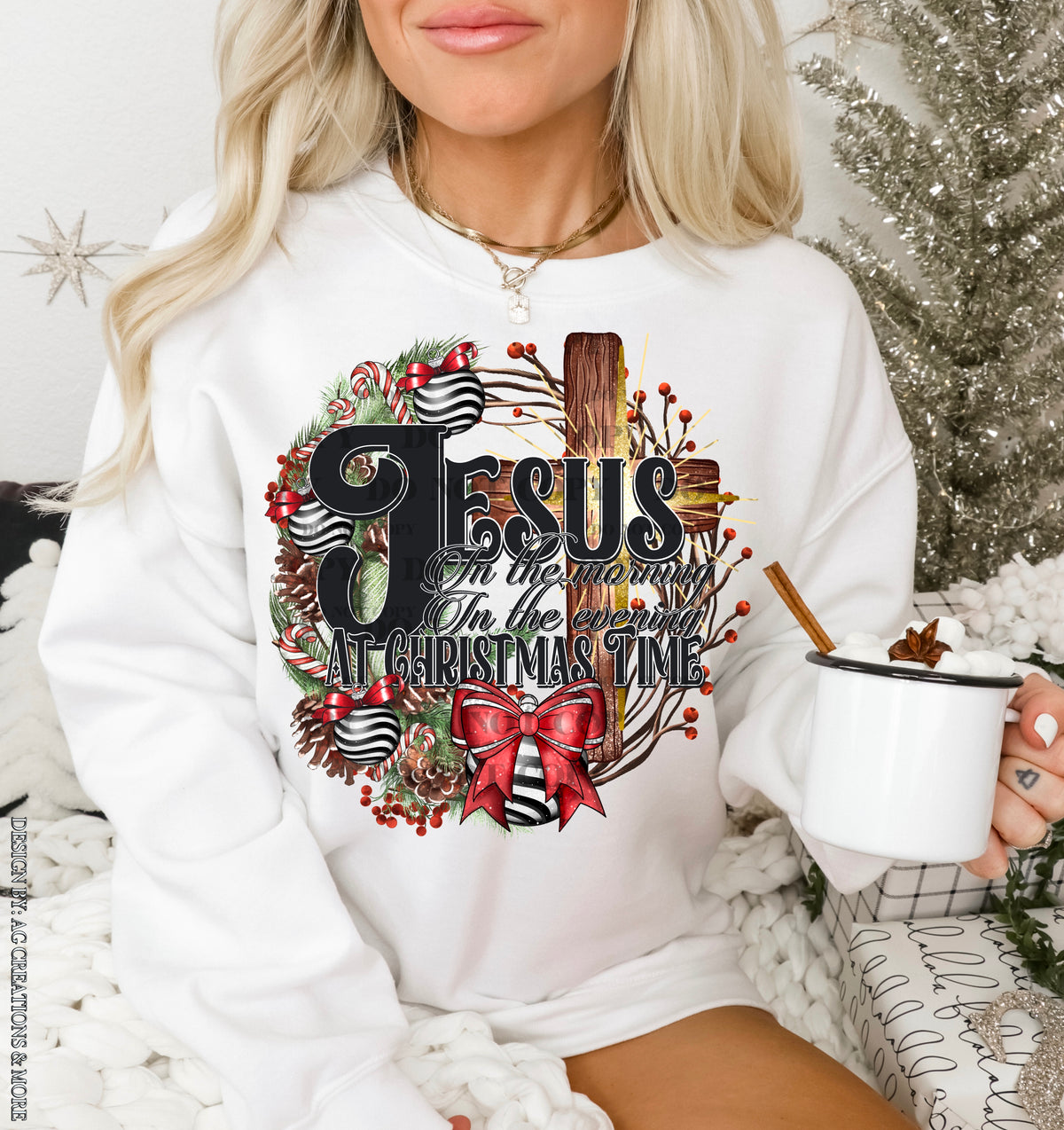 Jesus at Christmas Time – Wreath and Red Bow DTF transfer shown on a garment
