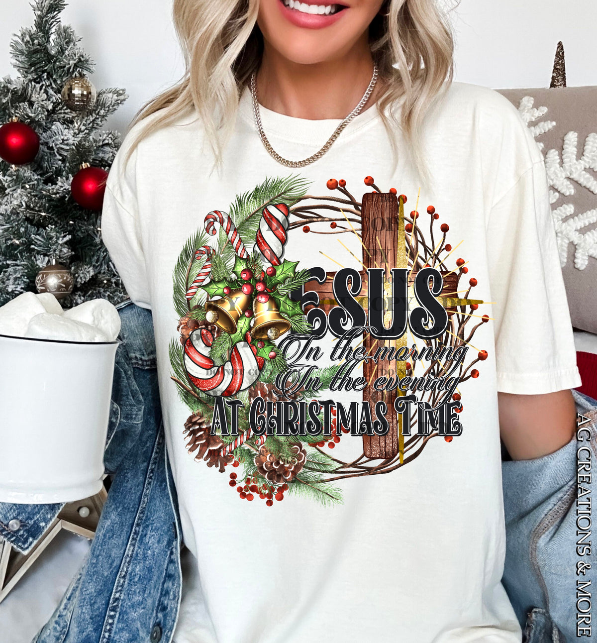 Jesus at Christmas Time – Greenery and Cross DTF transfer shown on a garment