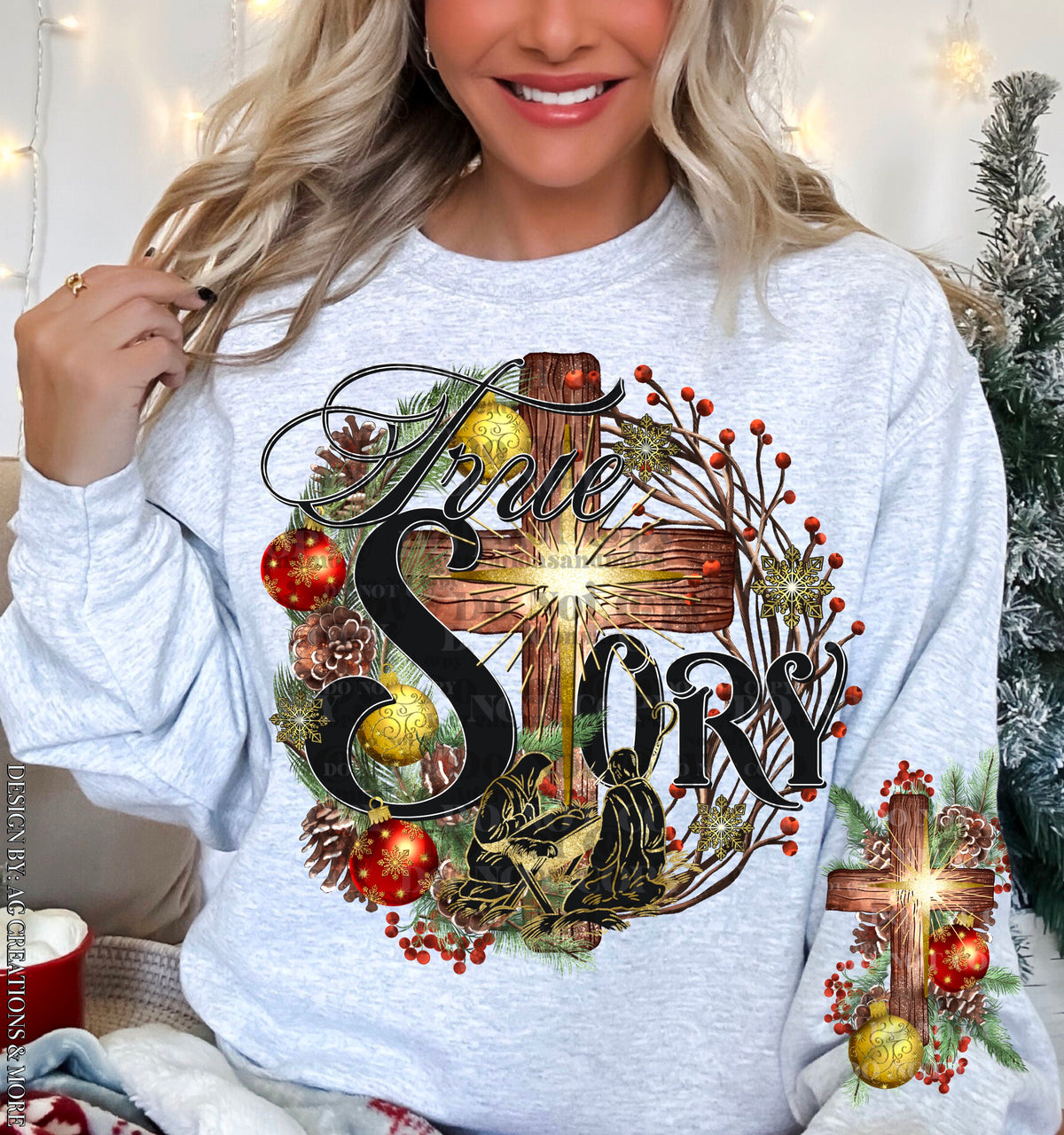 True Story – Christmas Cross and Greenery DTF transfer shown on a garment; sleeve transfer sold separately