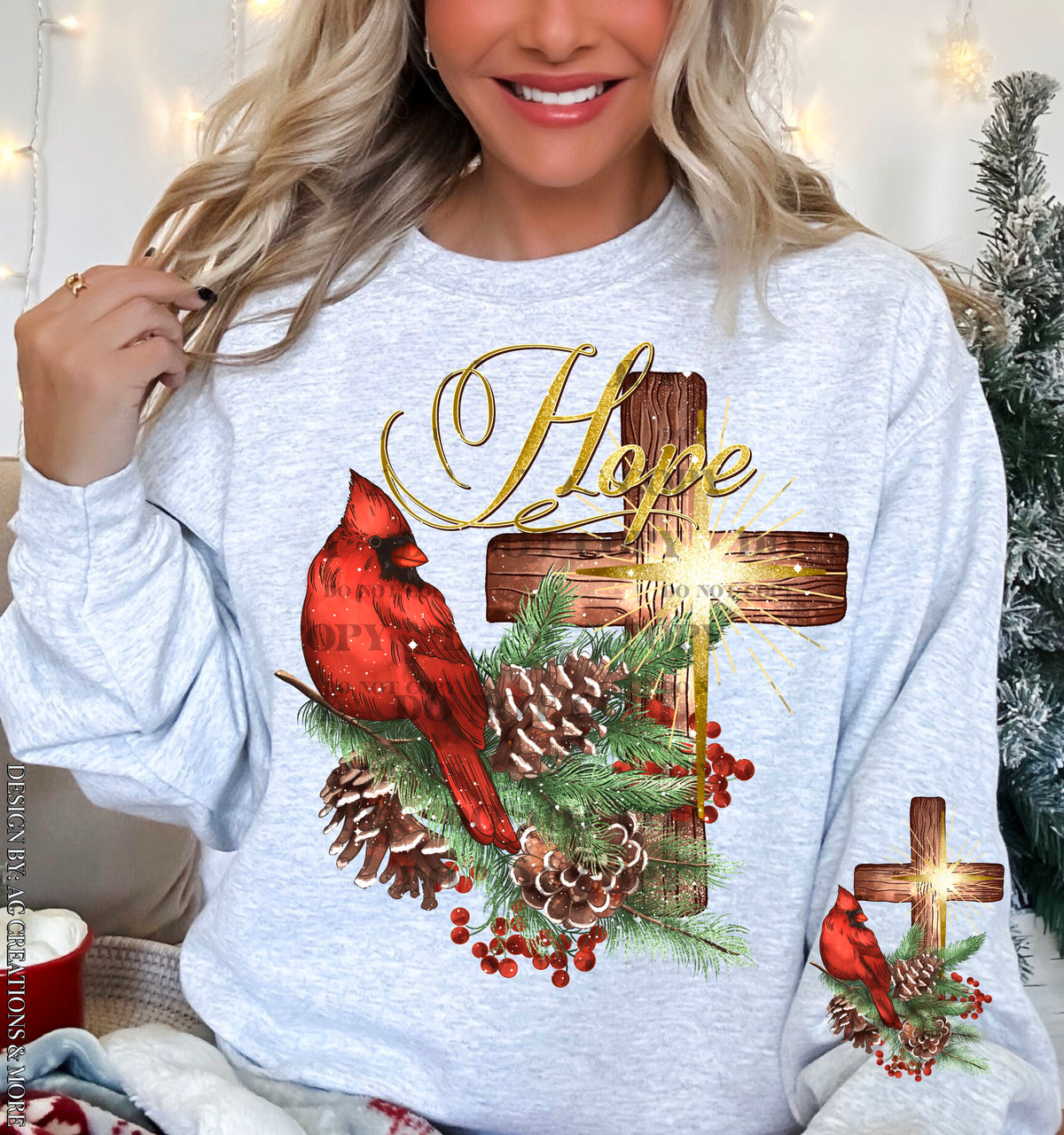 Hope – Red Cardinal and Christmas Cross – Sleeve Version DTF transfer shown on a garment; sleeve transfer sold separately