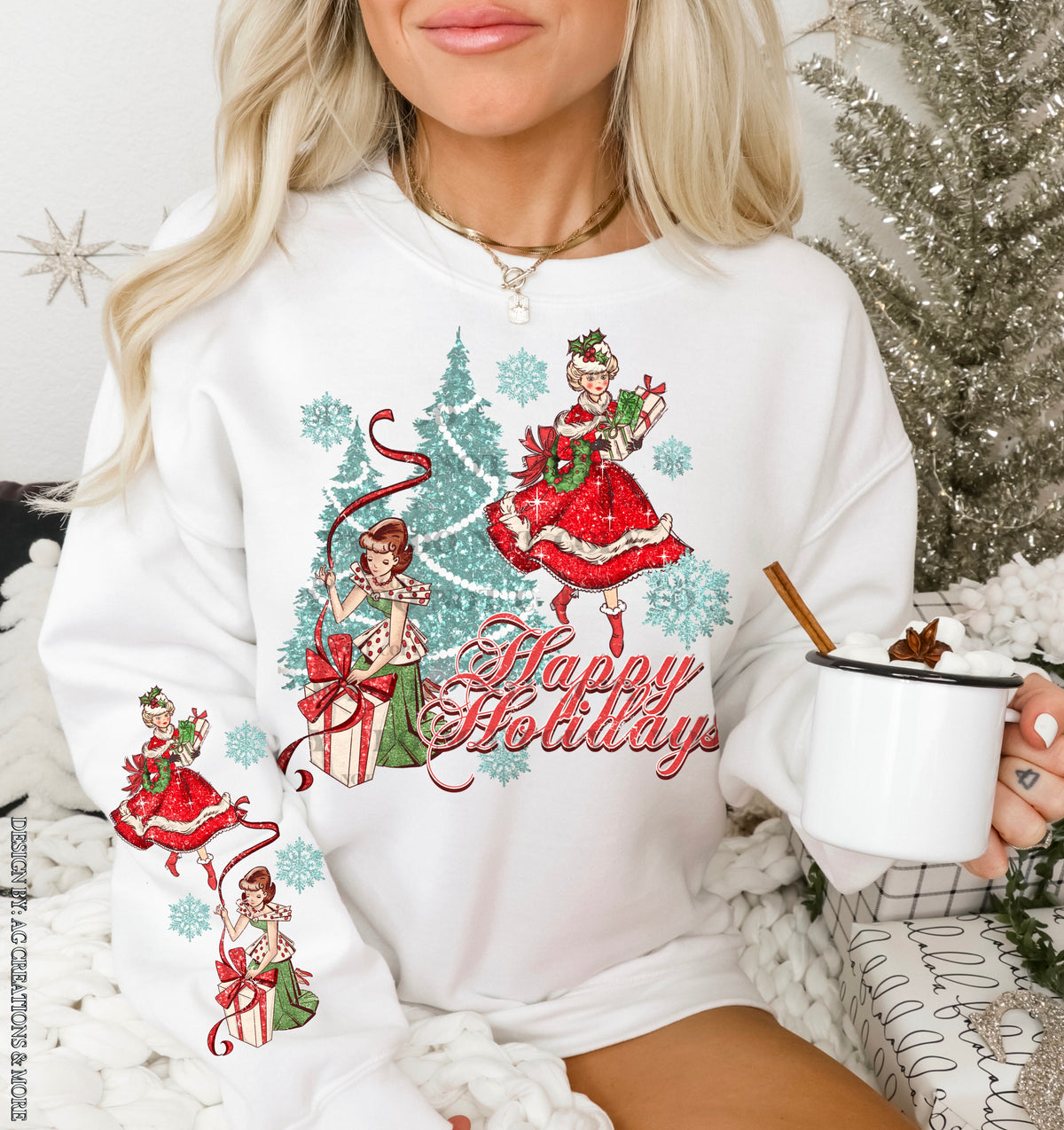 Happy Holidays – Vintage Christmas Girls DTF transfer shown on a garment; sleeve transfer sold separately