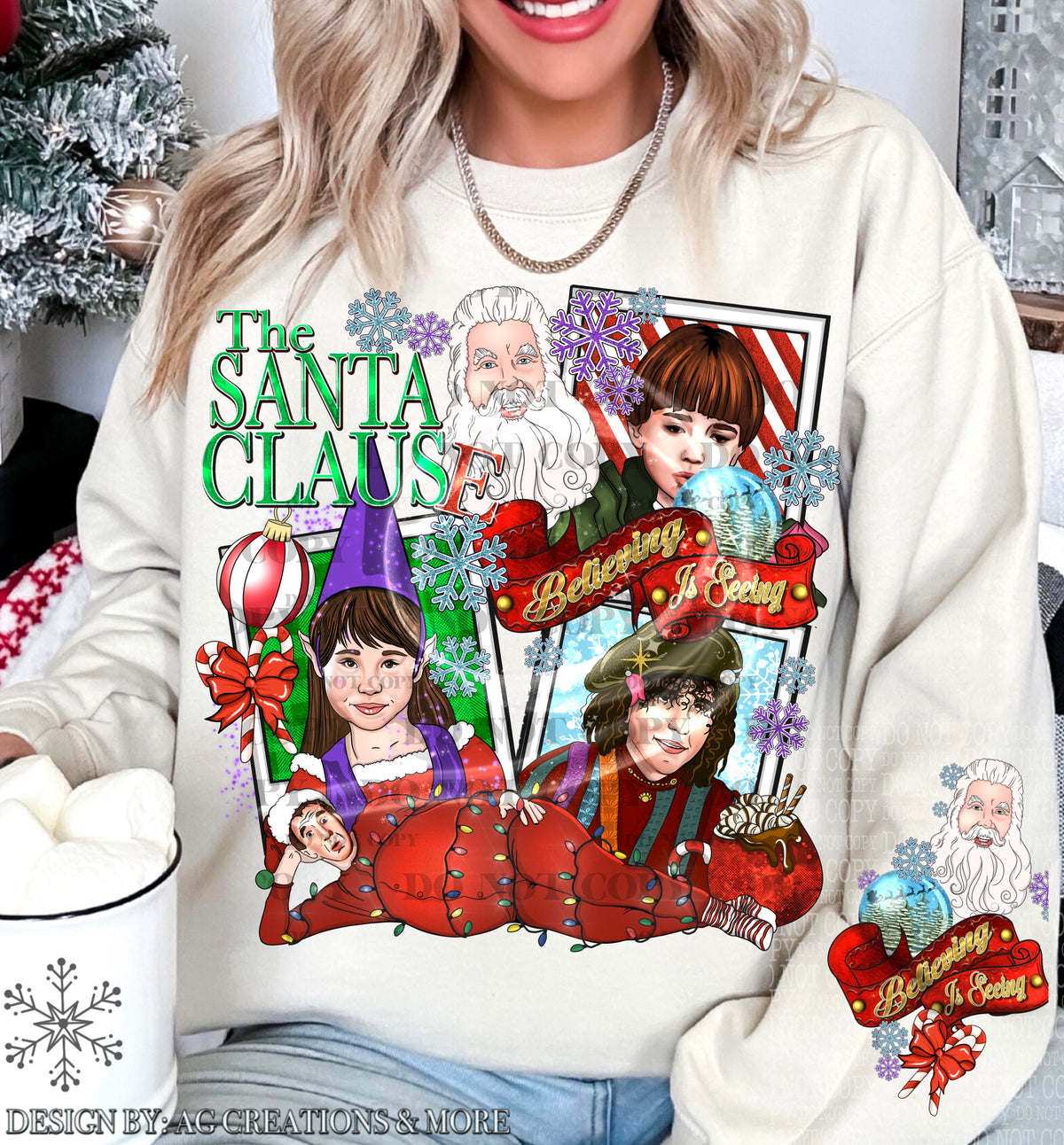 The Santa Clausee – Believing Is Seeing – Snowflake Collage DTF transfer shown on a garment; sleeve transfer sold separately