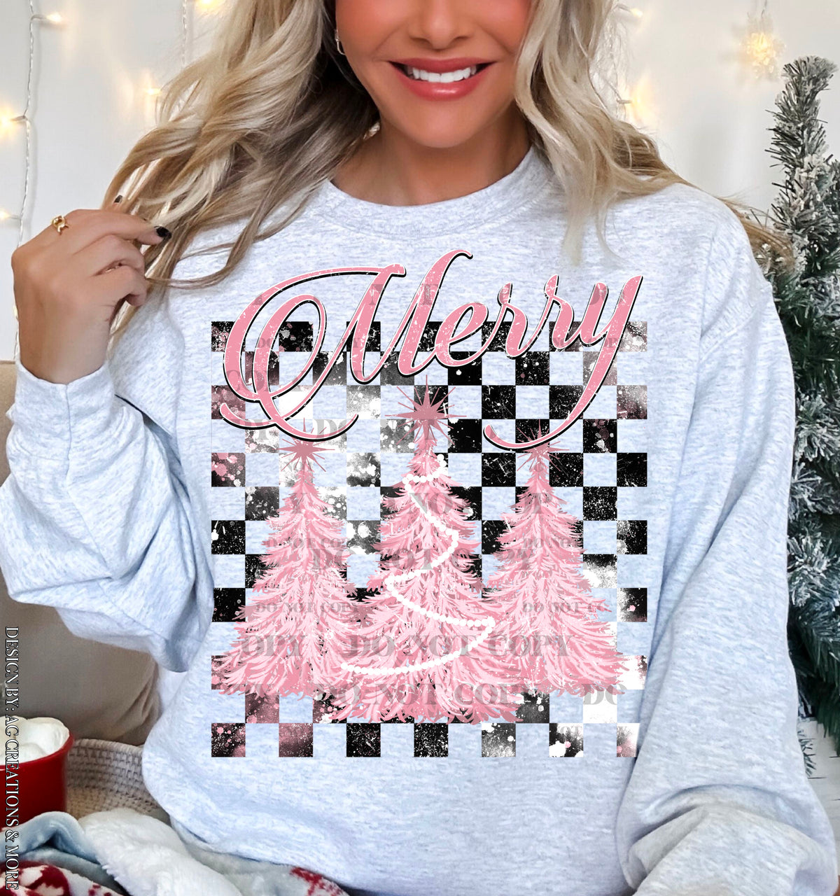 Merry – Pink Christmas Trees and Checks DTF transfer shown on a garment