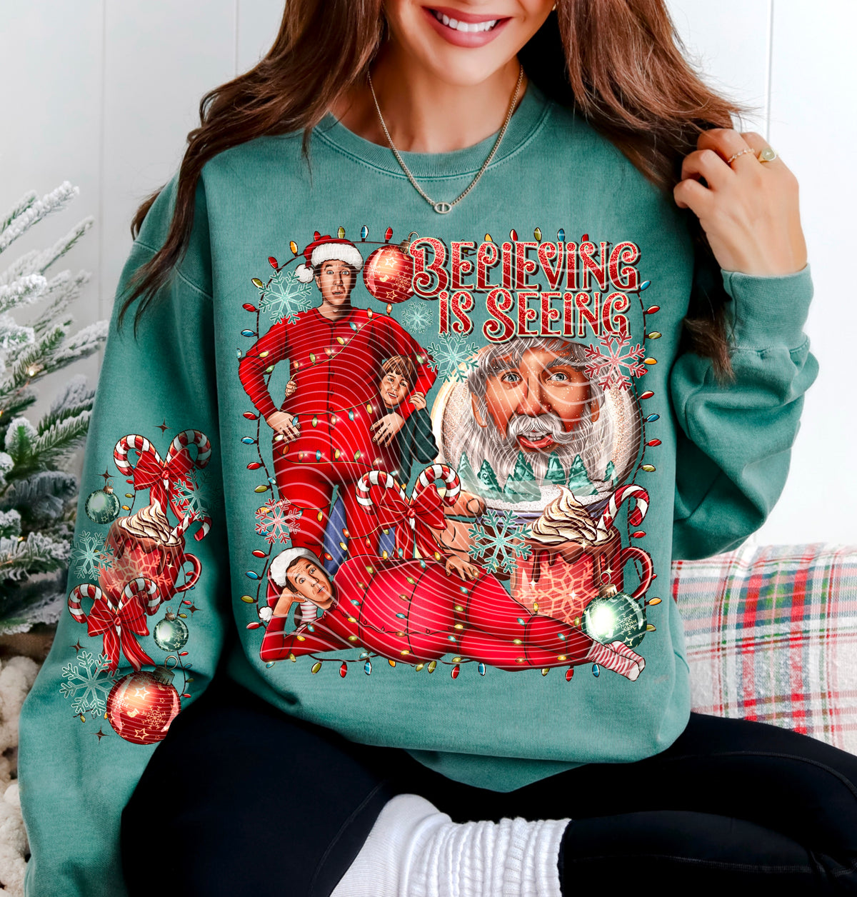 Believing Is Seeing – Christmas Movie Collage – Sleeve Print Offered DTF transfer shown on a garment; sleeve transfer sold separately
