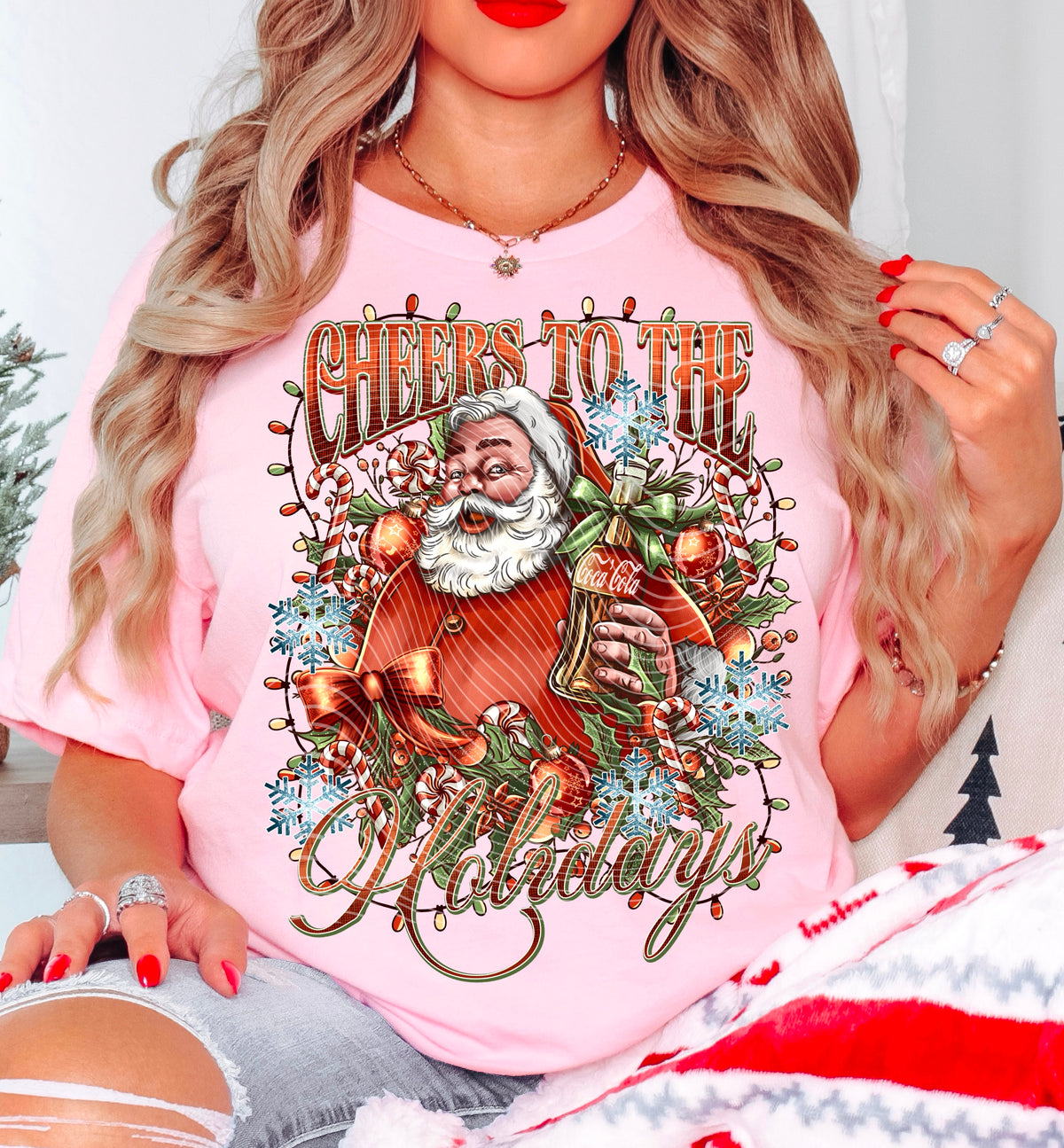 Cheers to the Holidays – Santa and Cola DTF transfer shown on a garment