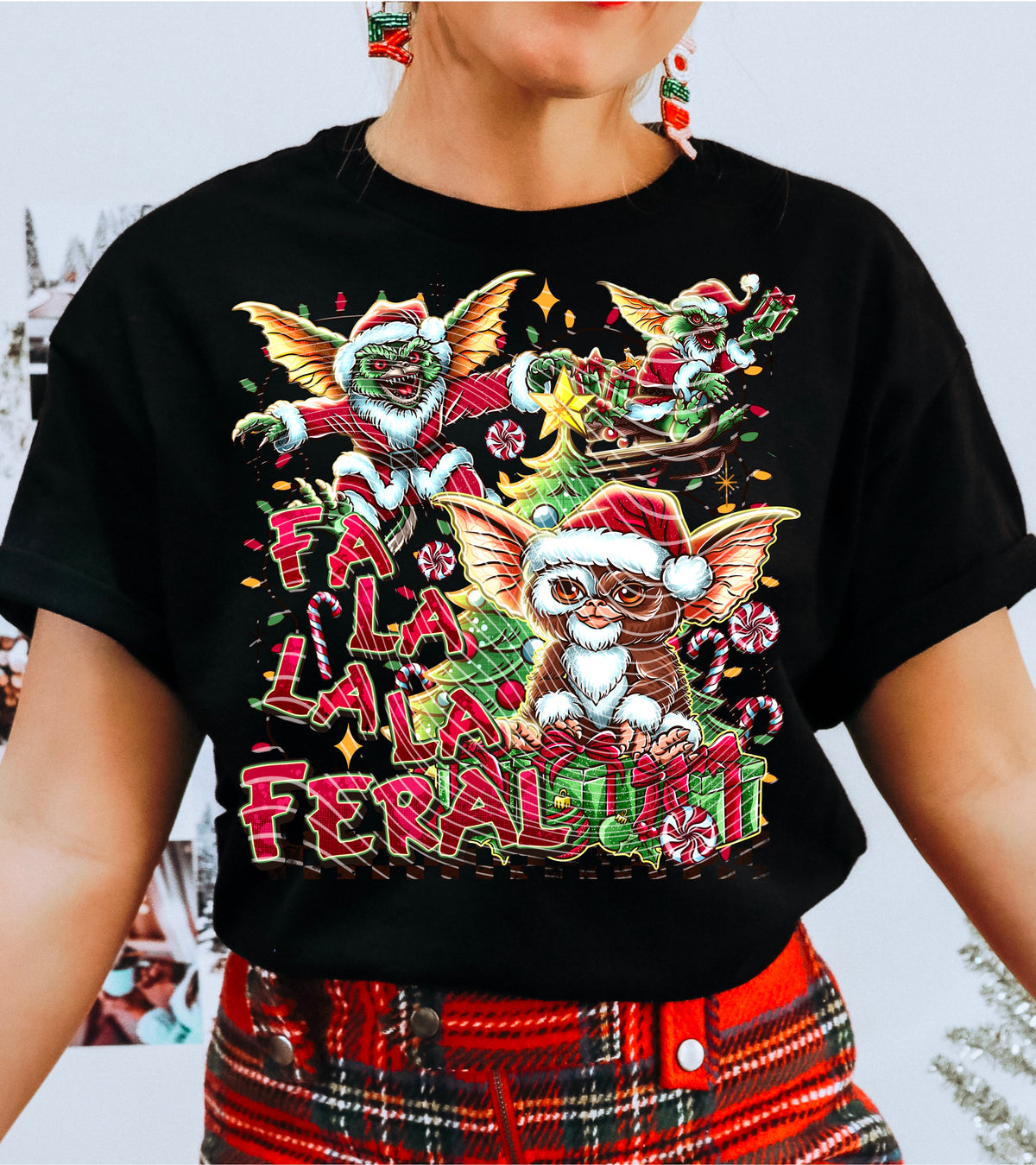 Fa La La Feral – Festive Creature Collage DTF transfer shown on a garment