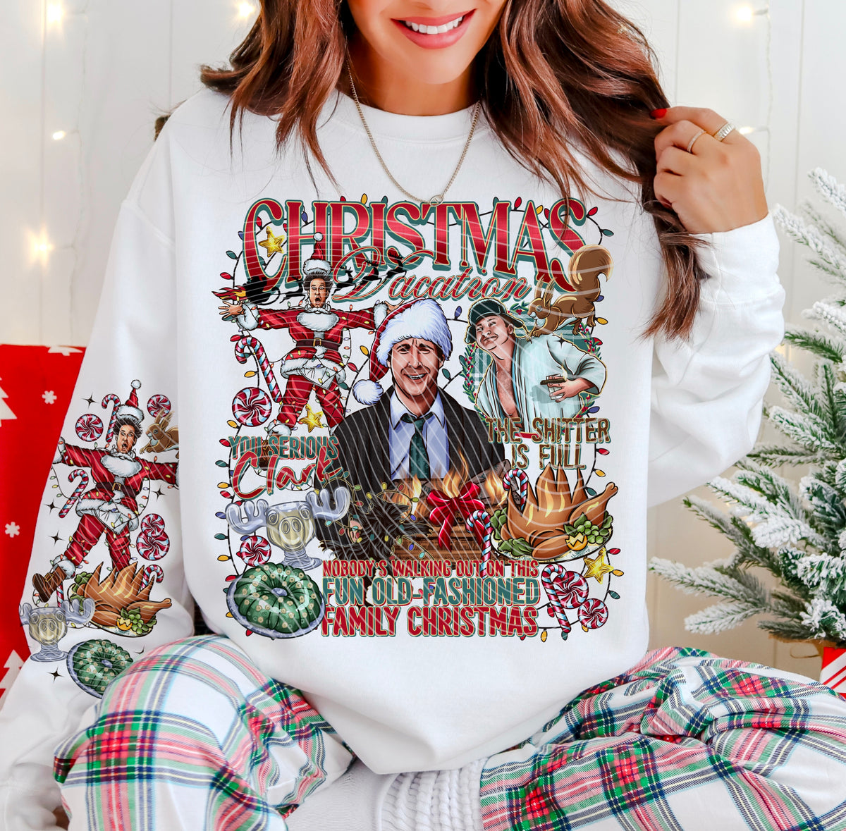Christmas Vacationn – Clark Holiday Collage – Sleeve Print Offered DTF transfer shown on a garment; sleeve transfer sold separately