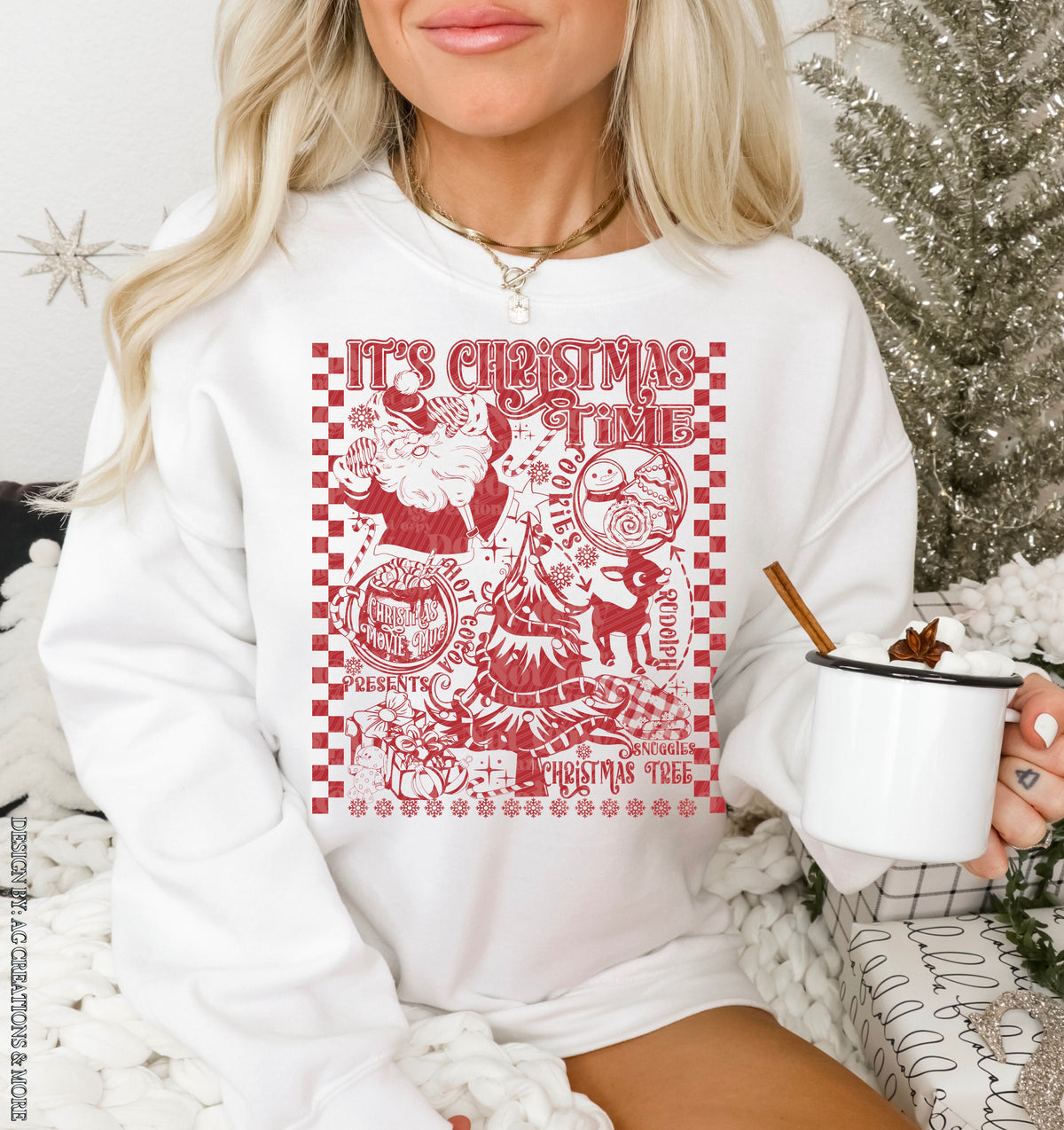 It's Christmas Time red holiday collage DTF transfer shown on a sweatshirt