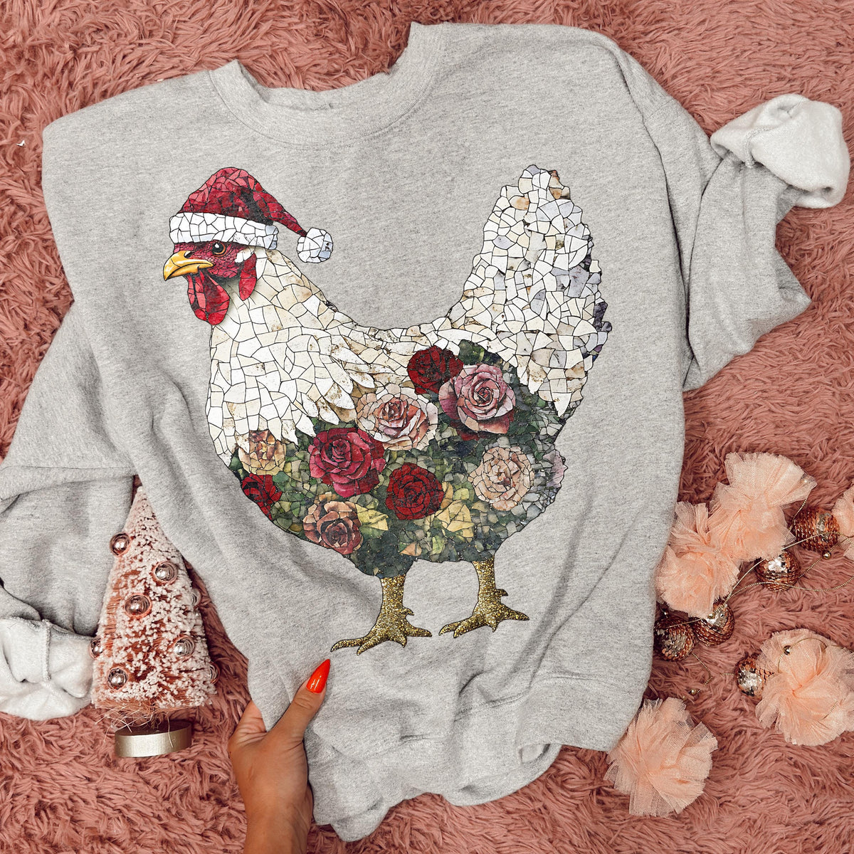 Floral Mosaic Chicken in a Santa Hat printed garment design preview