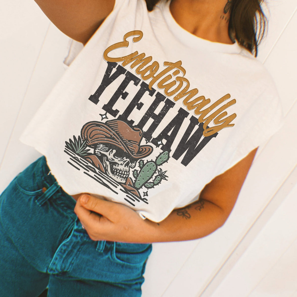 Emotionally Yeehaw printed garment design mockup