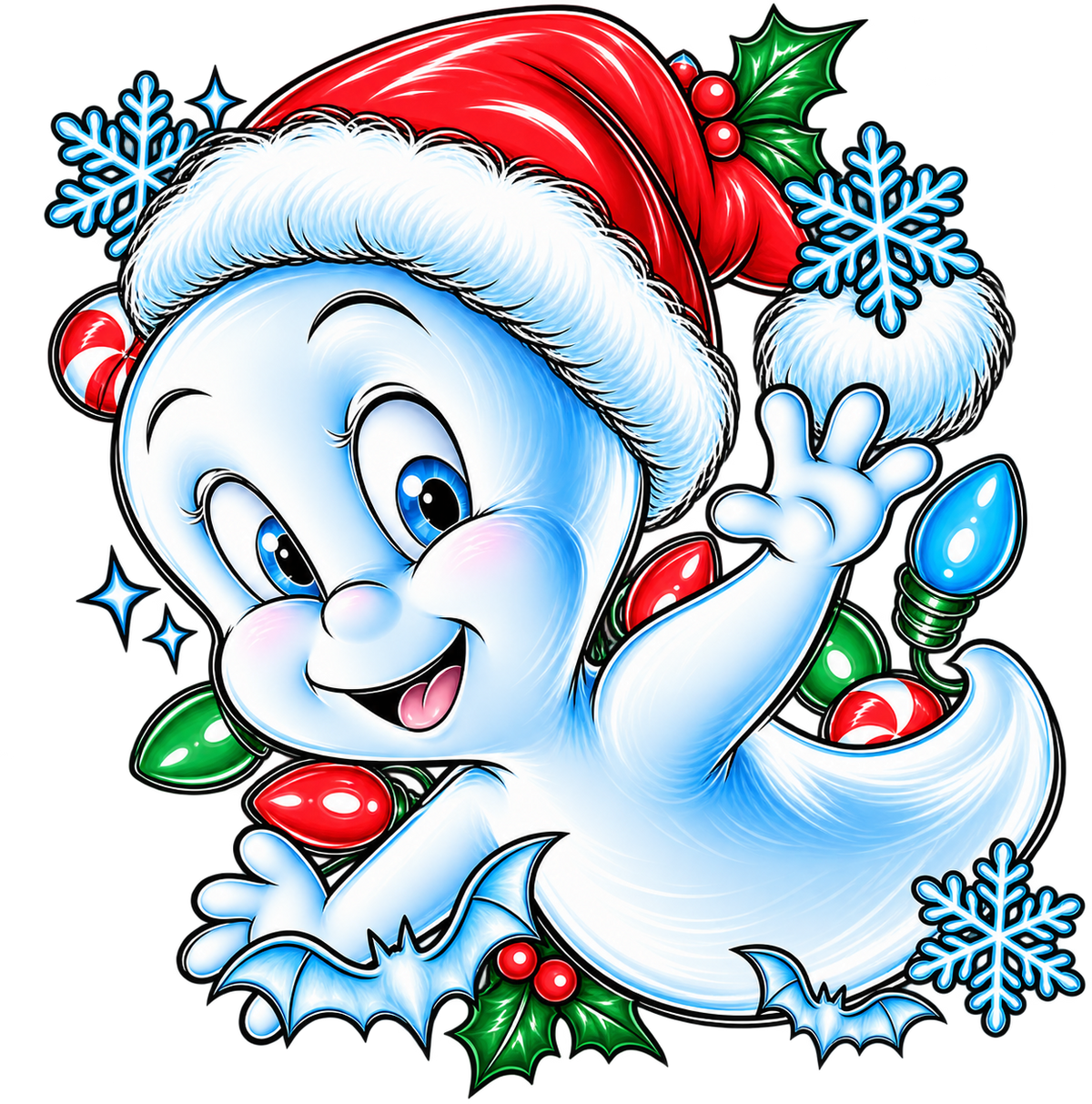 Friendly Christmas ghost wearing a Santa hat with colourful lights and snowflakes