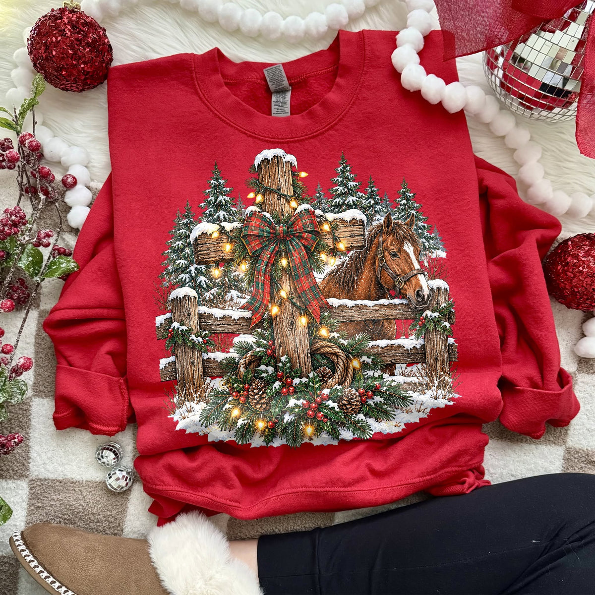 Country Christmas Horses by the Fence DTF transfer shown on a garment mockup; garment not included