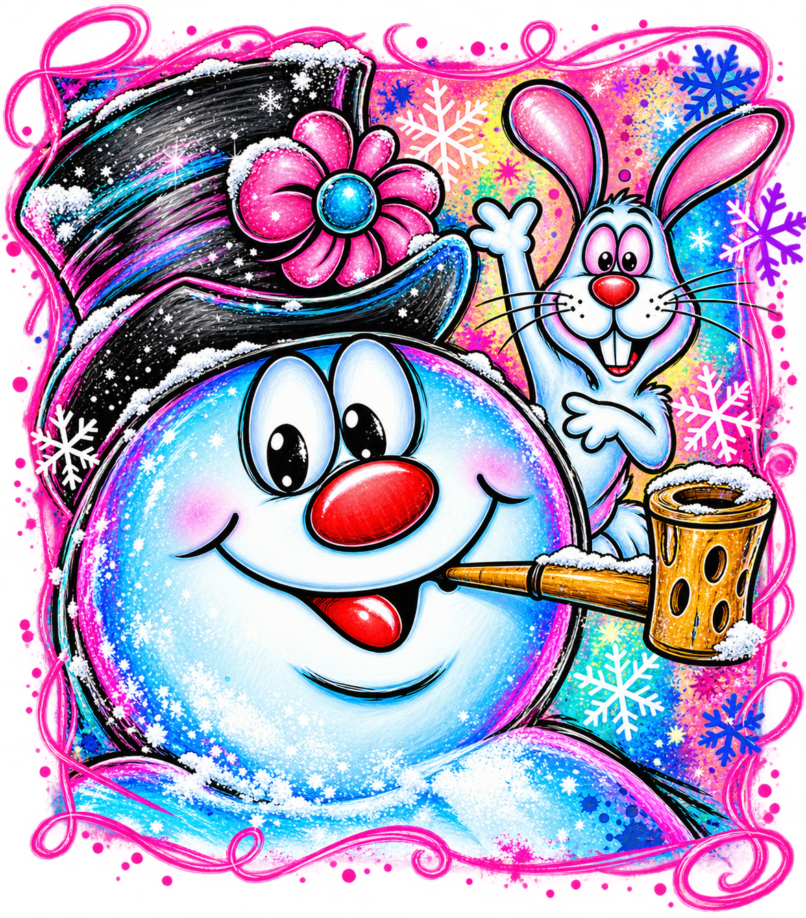 Frostyy snowman in a black top hat with a pink flower and a playful bunny, surrounded by bright pink and blue snowflakes