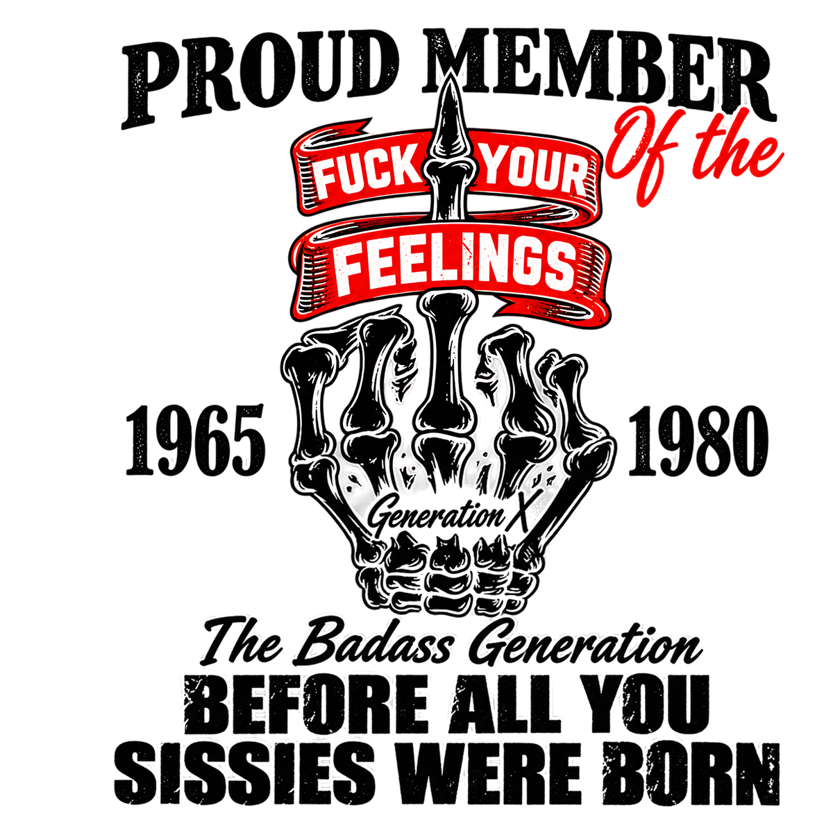 Proud Member Generation X skull with sarcastic no-filter quote