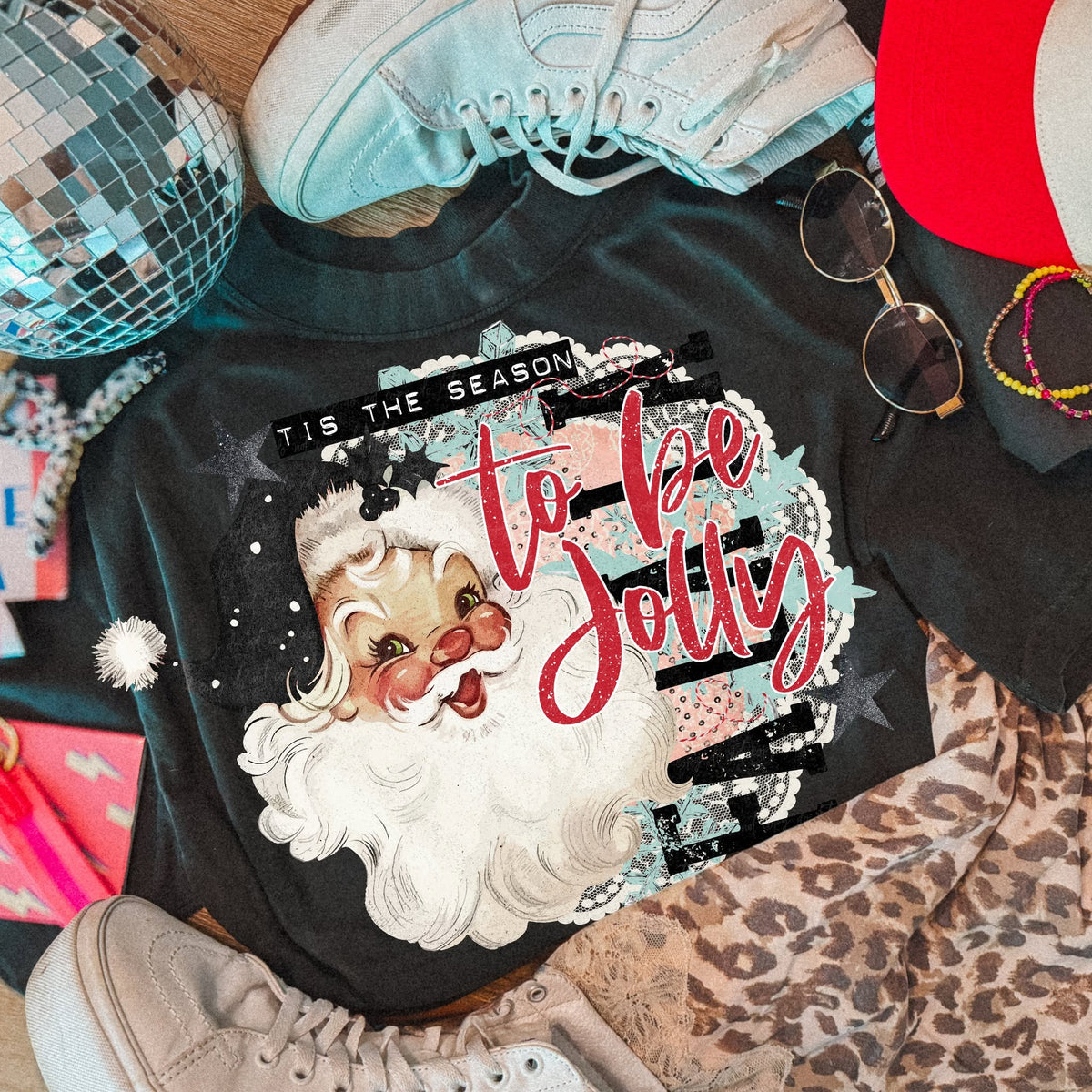 Tis the Season to Be Jolly – Retro Santa DTF transfer shown on a garment mockup; garment not included