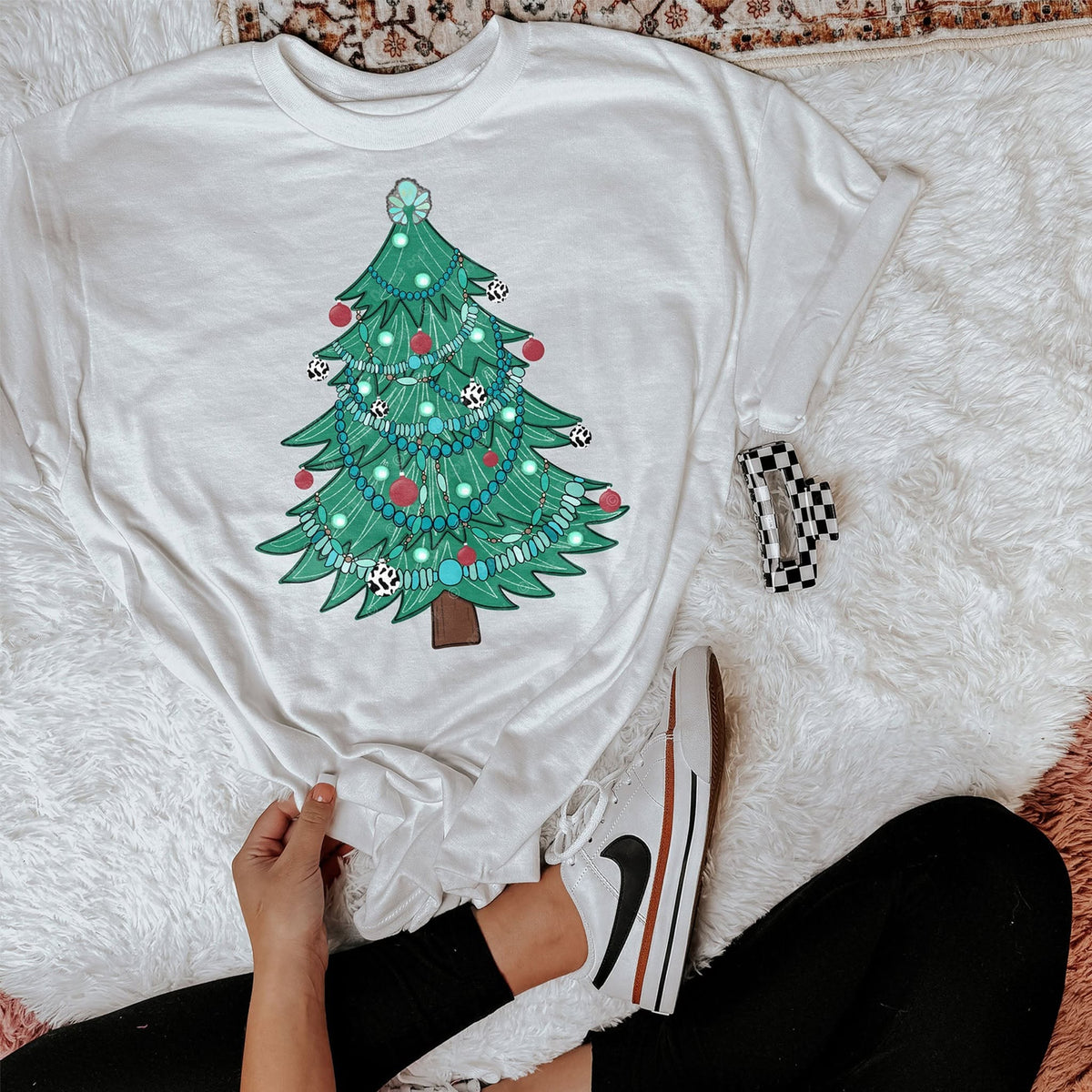 Turquoise Western Christmas Tree DTF transfer shown on a garment mockup; garment not included