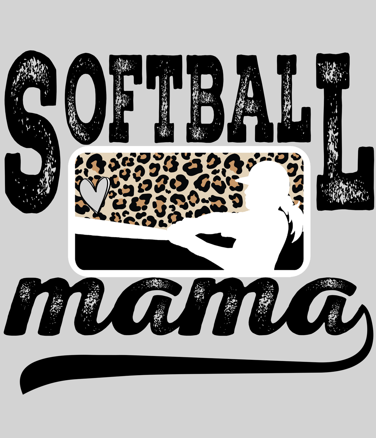 Softball Mama DTF transfer on a light grey display background