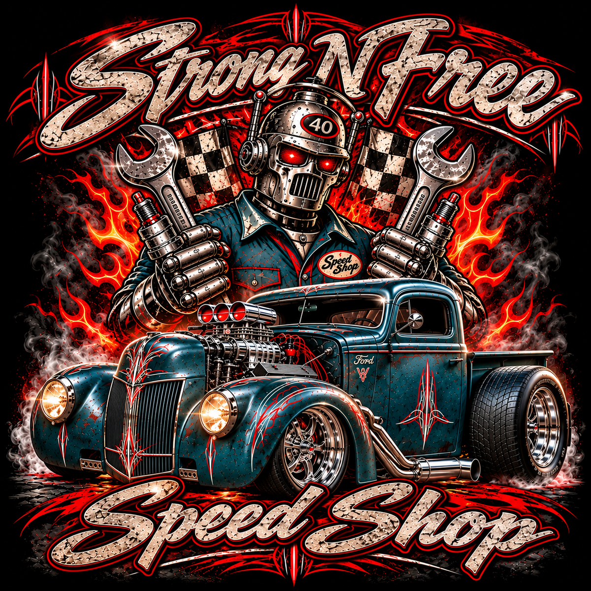 Strong N Free Robot Mechanic Ford Pickup halftone DTF transfer for dark garments only