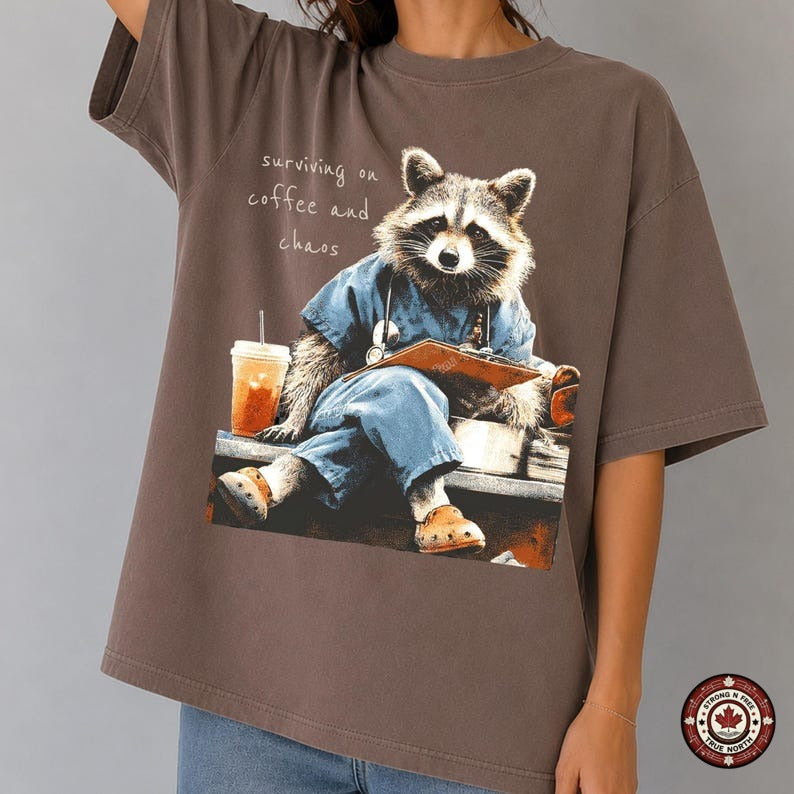 Nurse Raccoon Surviving on Coffee and Chaos DTF transfer mockup 6