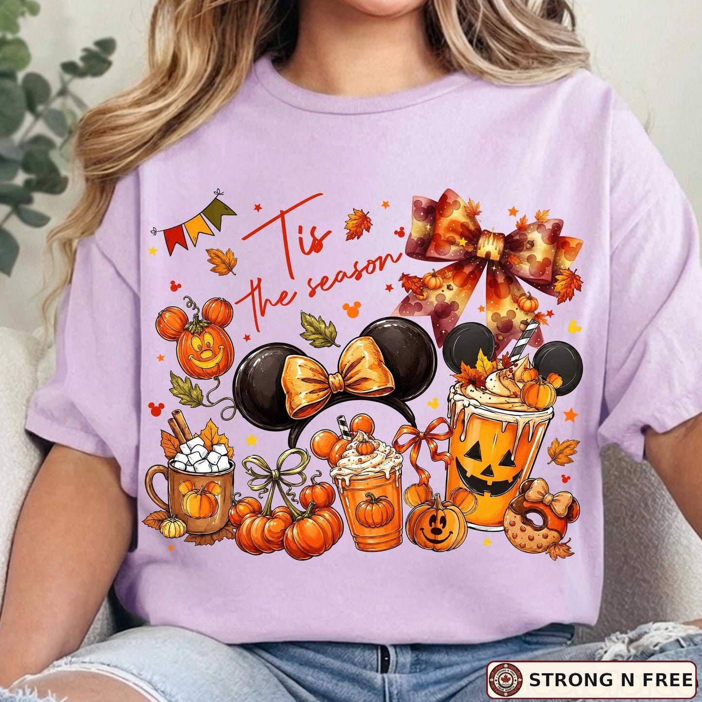 Tis the Season fall coquette bow DTF transfer on a lavender T-shirt