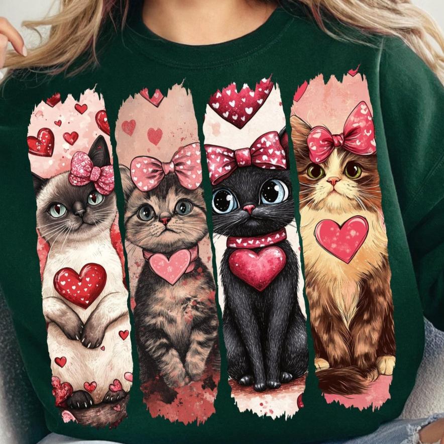 DTF Transfer Happy Valentines Cats With Hearts Rustic