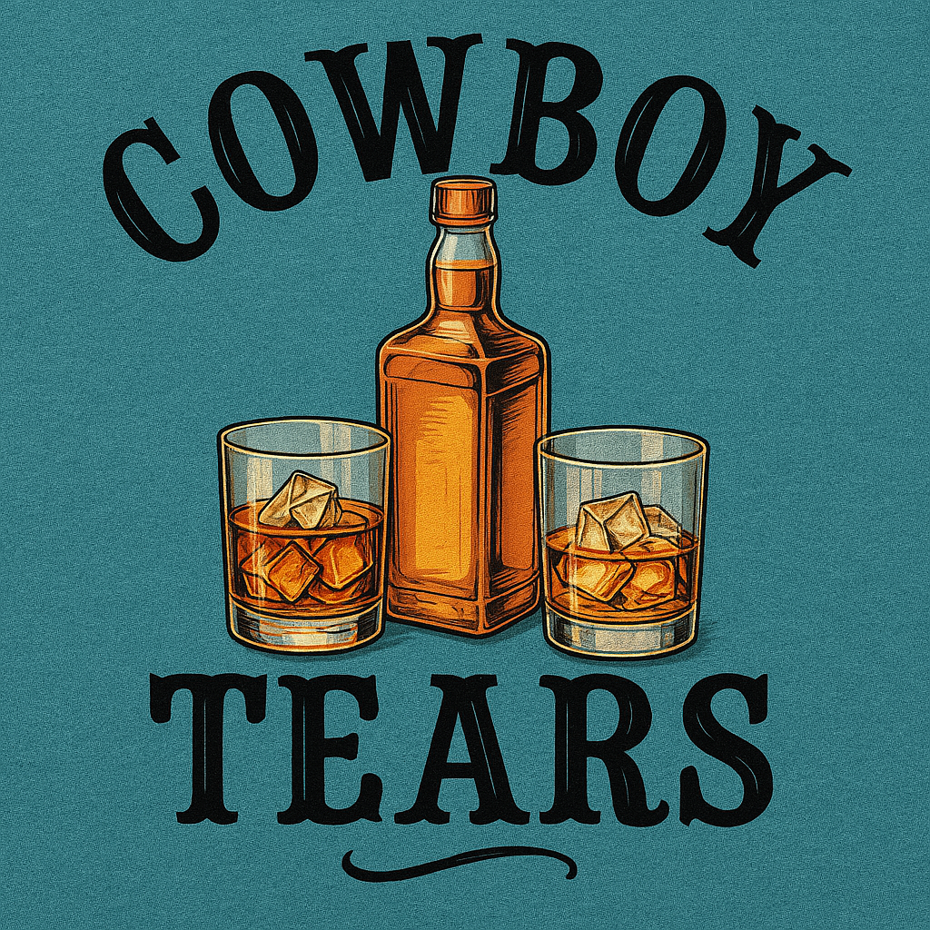 DTF Transfer Cowboy Tears – Whiskey Bottle & Glasses Western Humor Design