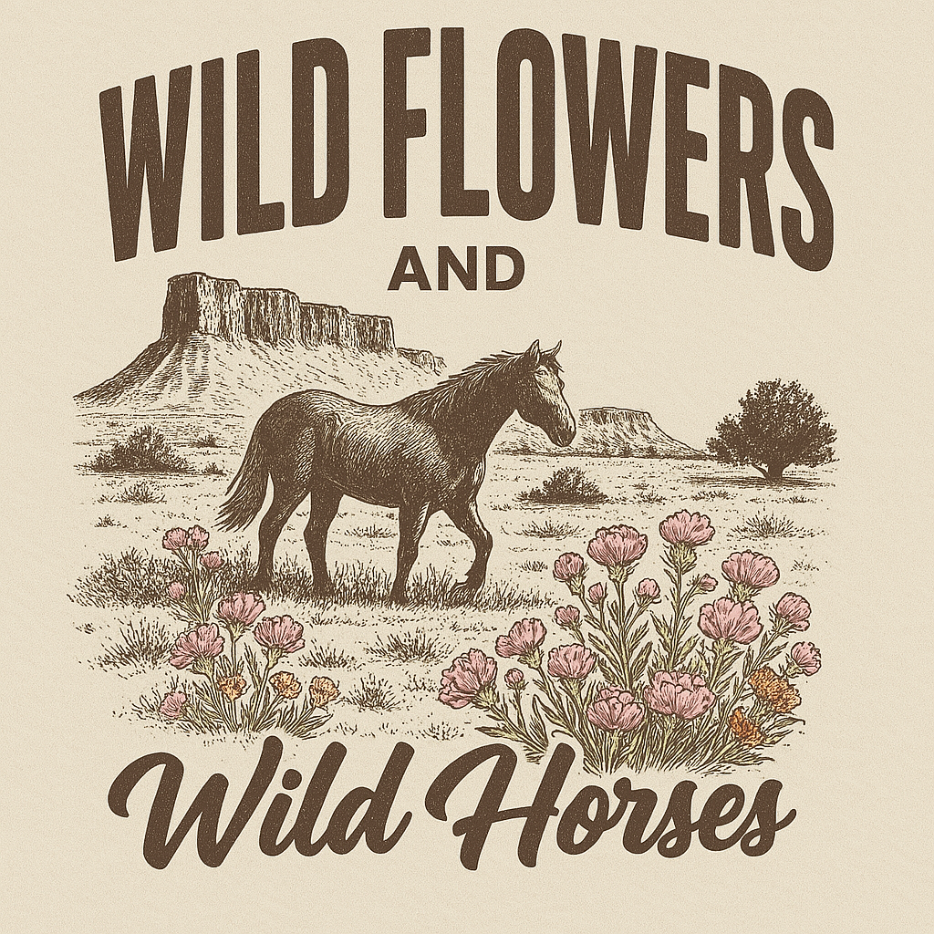 DTF Transfer Wild Flowers and Wild Horses – Vintage Western Desert Scene