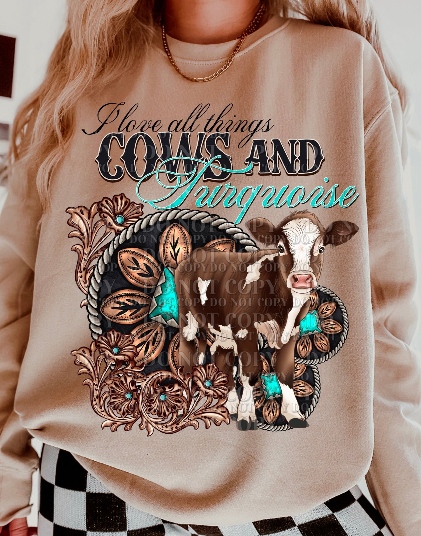 Western Country Cow Turquoise T-Shirt Sweatshirt or Hoodie - . .
