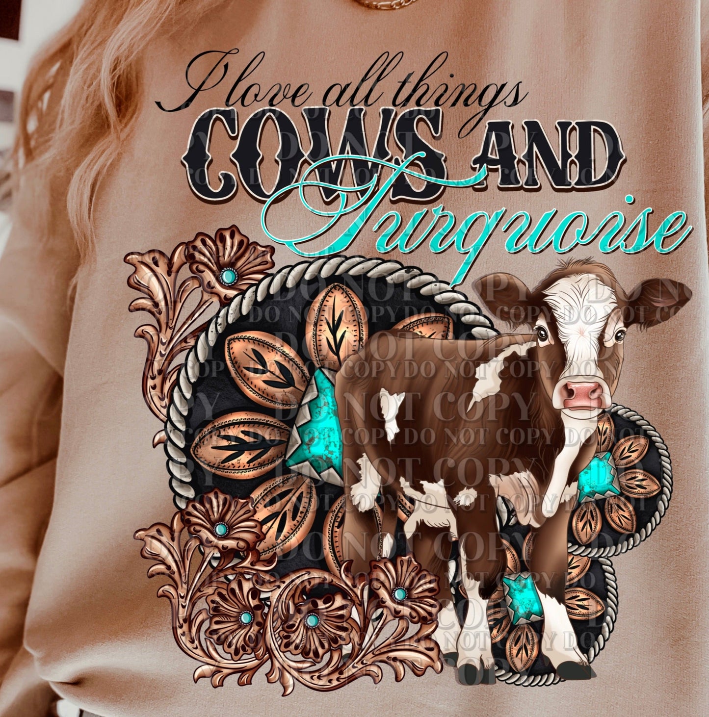 Western Country Cow Turquoise T-Shirt Sweatshirt or Hoodie - . .